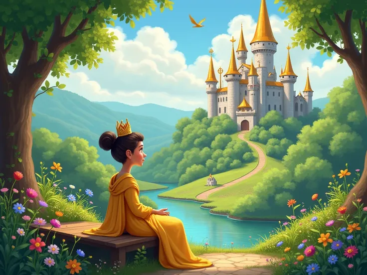 A majestic kingdom surrounded by forests and rivers, with a towering castle, golden spires, and a cute little princess washma and queen in a lush garden, full of colorful flowers and birds. Queen with hair tied up in a bun, wearing a golden robe and crown,...