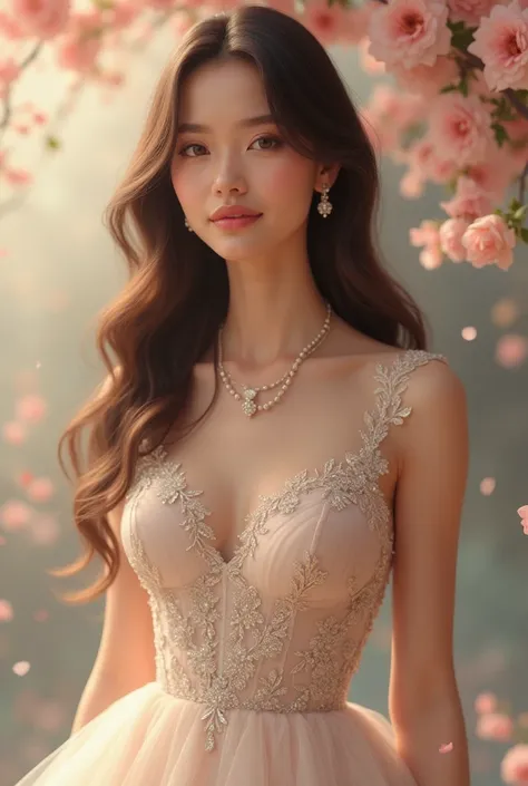 Generator a image of a girl wearing a engagement dress of europian style of love asthetic with jeweler and high heel with a hand bag of matching asthetic  and flowers boke and long hair,  do not show the brest