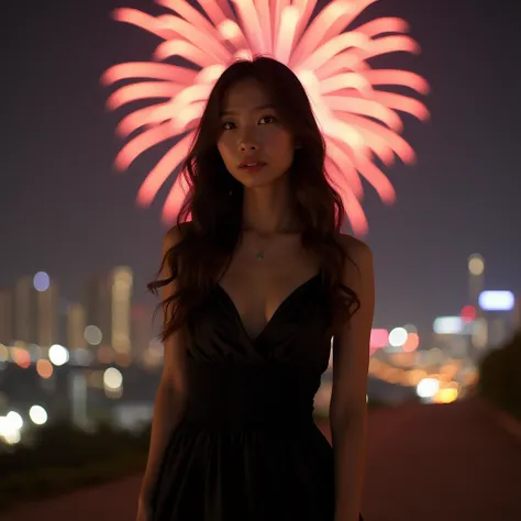  A teenage female , beautiful,  graceful ,  Indonesian Korean blasteran ,  wearing a black dress that does not open at the chest ,  long wavy hair ,  facing forward, round view ,  against a backdrop of fireworks in an urban setting at night