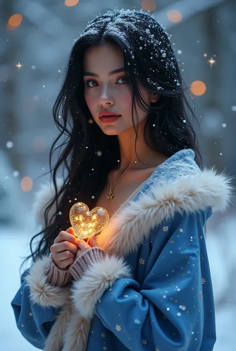  New Years Tale Fantasy , fantasy,  Girl Whose Hair Is Showered with Magic Dust and black hair, Прекрасная  snow урочка,  Body Shapes Sexy , lush,  Some Makeup and Blush ,  Warm Blue Star and Sparkle Coat ,  Fluffy fur trim ,  Full Height,  Perfect Anatomy...