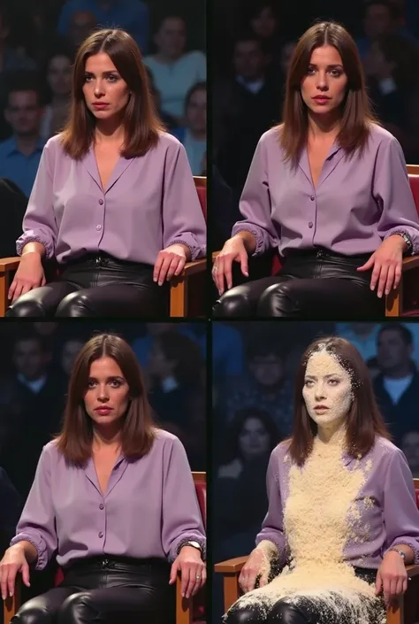 cinematic four-panel photo showing the progression of a 1990s secretary aged about 25 with straight brown hair, wearing a pale purple blouse and leather pants being pied in the face at a charity gameshow event.  She is sat in a chair. In the first panel, s...