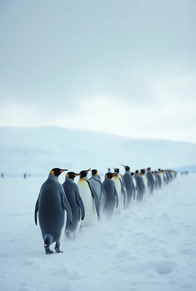 

> " A group of emperor penguins walking together on a vast snowy tundra,  with a cloudy sky and gentle wind , Cinematic style."




