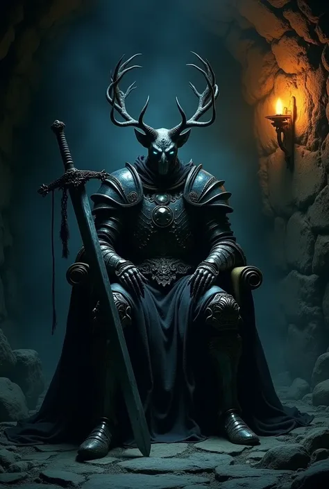  only has a torch on the right wall, so in a deep dark cave , Death Knight .
 has deer antlers and faint, blue-glowing eyes .  he holds a huge steel sword in his right hand, broken all over the place, and is wearing old armor..
, sitting on the throne, has...