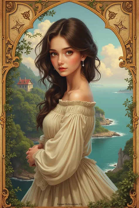 Old beautiful cover  with an old map with a very beautiful girl with medium brown hair and big brown eyes on a very beautiful island brown eyes And modest dress 