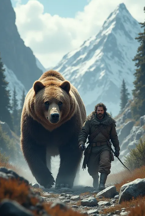 A soldier walks with a bear 