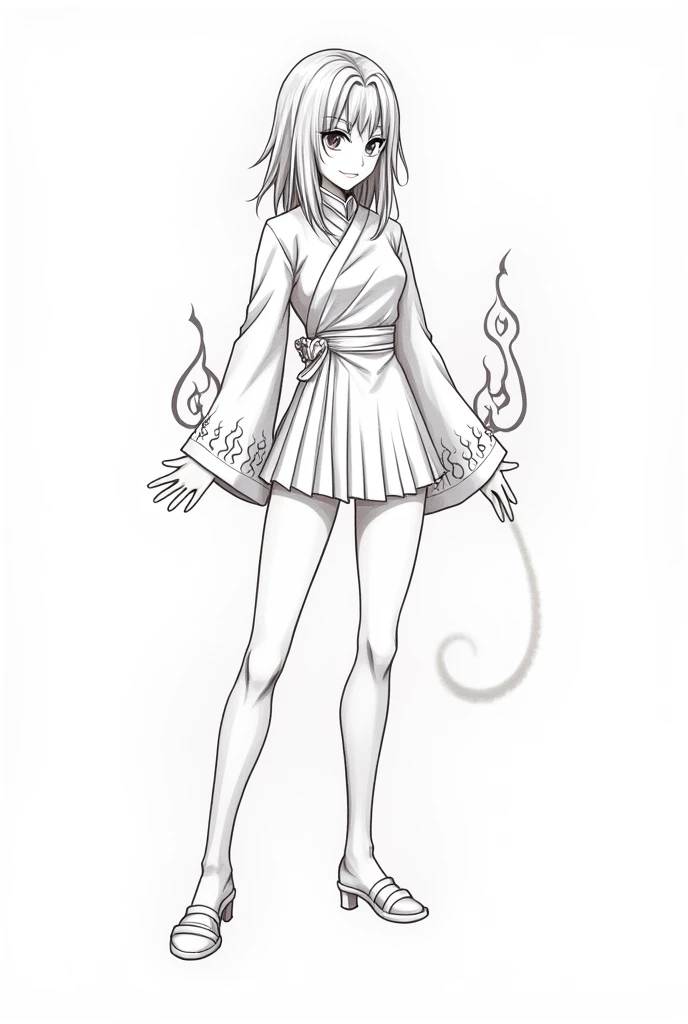 Make a female demon slayer, with medium hair until neck, give her bangs split in the middle, her uniform is the same as Kanaos but with a shorter skirt. Her haori is white with flames on the bottom. Make it full body and the pose is dynamic, and only the l...