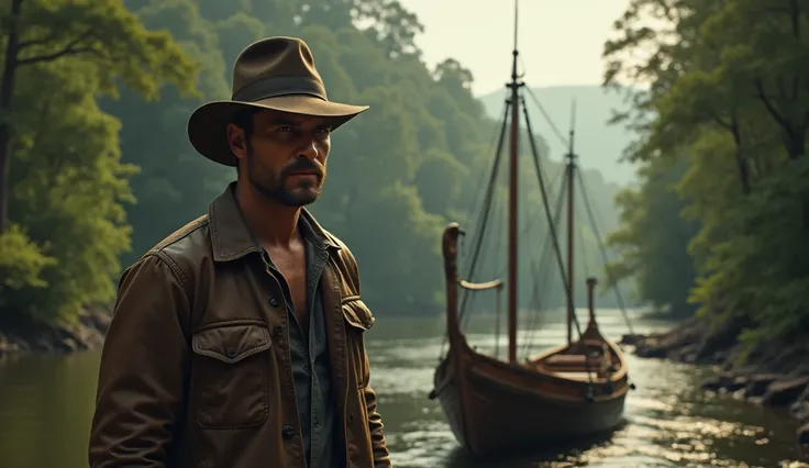 Chris Pratt in Indiana Jones movie ready for new adventure sailing boat from dense forest river. 