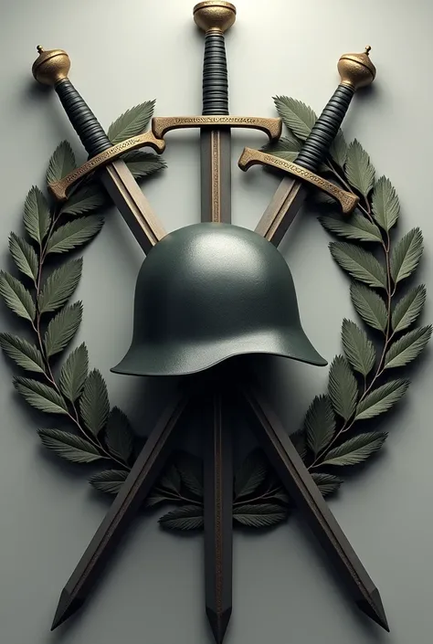 Two crossed swords , In the middle, a German steel helmet from the Second World War in the side profile,  wrapped in an oak leaf wreath