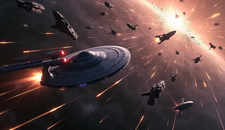 Star trek war going on, uss enterprise fighting war against alien spaceship multiple spaceship crashing. 