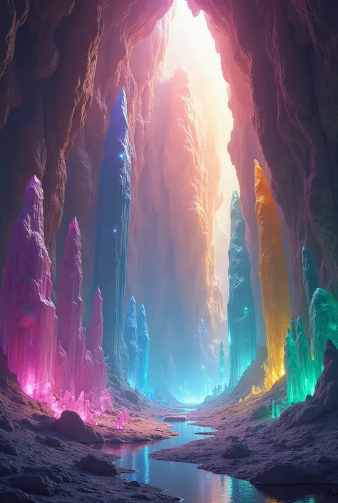 " A cave made entirely of translucent crystals that reflect light in all directions, creating a spectacle of colors like a giant kaleidoscope ."









