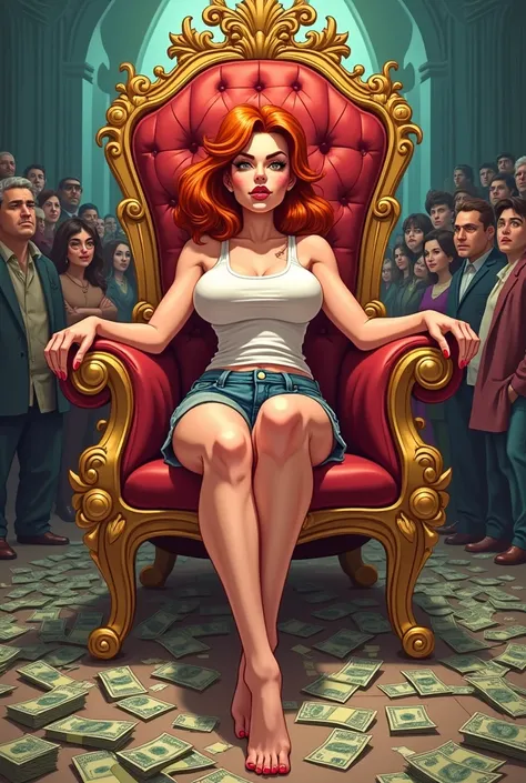  Create a cartoon image of a girl with copper-colored hair, Face of a Bad Woman, hypocritical smile , PIEL BLANCA,  big round breasts ,  sleeveless white shirt , SMALL WAIST, jeans shorts,  sitting on a throne with jewels ,  and on the floor a lot of bills...