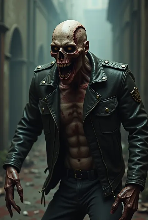 A rotting  wearing a biker jacket ,with a crest, screaming and with blood in his mouth 