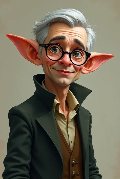 Basquette ，Elf，male，personal，Pointed ears， Black Frame Round Glasses，gray hair