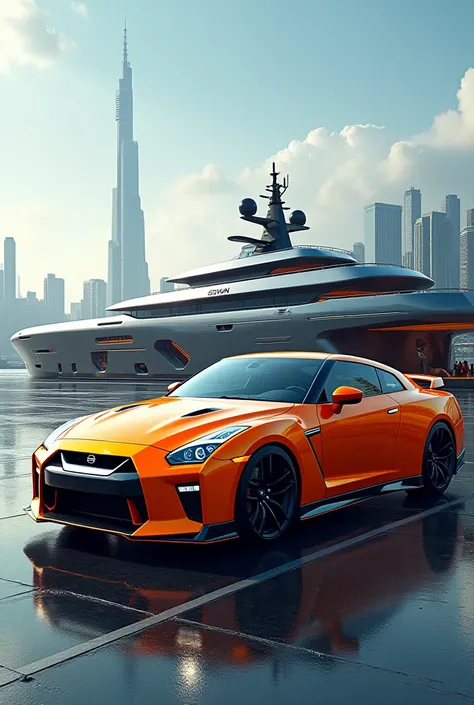 nissan gtr r35 orange color in the port next a futuristic yakht