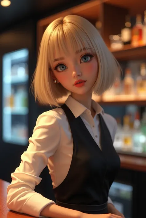 korean fem presenting chic bob hair cut blue eyed blonde bartender