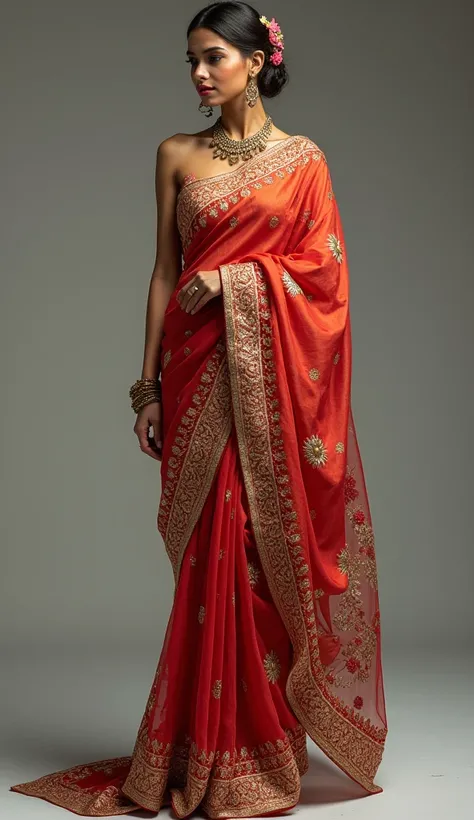 versatile garment, typically made from silk, cotton, or synthetic fabrics, the saree is draped elegantly around the body. It comes in various styles and designs, often paired with a blouse.