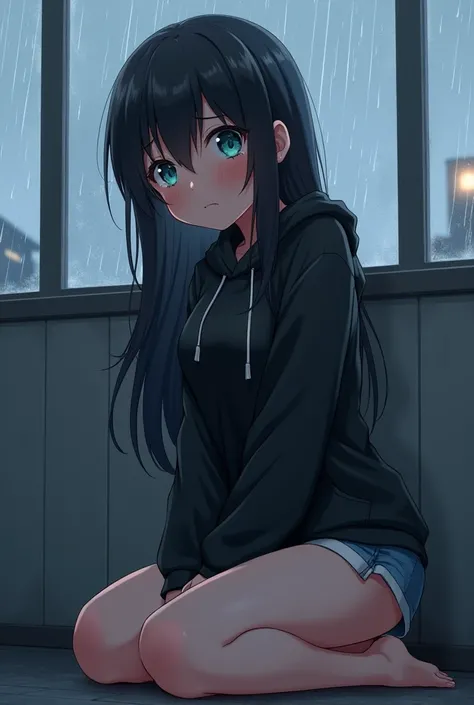 A cute anime girl with long straight black hair, turquoise eyes, a black hoodie, short shorts, big breasts, and kneeling and crying against the background of the 2nd floor of the rain 