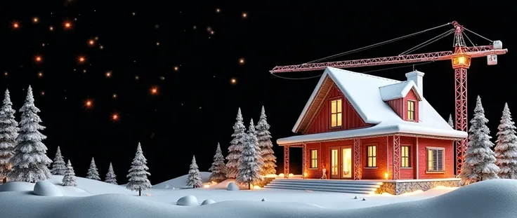 Create a magical and enchanting Christmas card with the highest quality, HDR, masterpiece level, photo quality, and high sharpness. The background must be black. On the right side of the card, feature a modern house under construction, with sturdy cranes n...