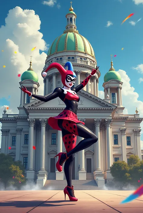 Harley Quinn dances against the backdrop of St. Isaacs Cathedral in St. Petersburg in anime style