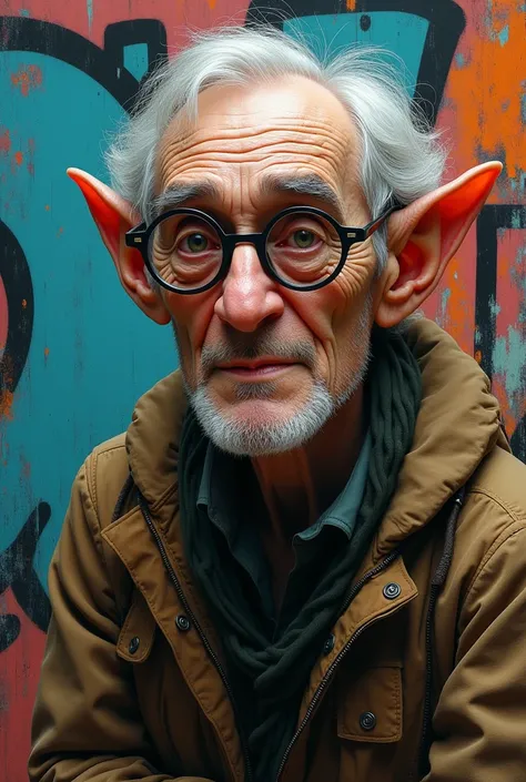 Elf，male，personal，Pointed ears， Black Frame Round Glasses，gray hair，street graffiti， expressionism， Original Art ，Bright colors，strong lines，Layer Stacking ， HD