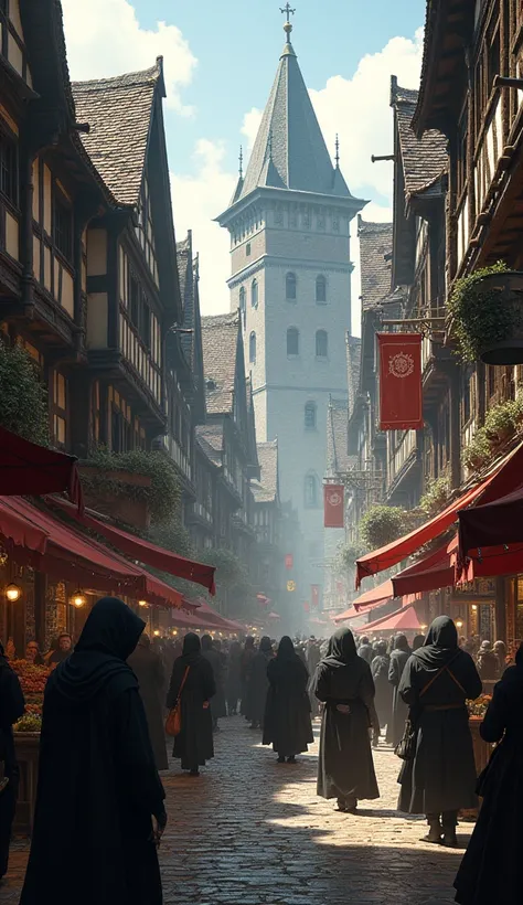 medieval square, filled with merchants and hooded figures.