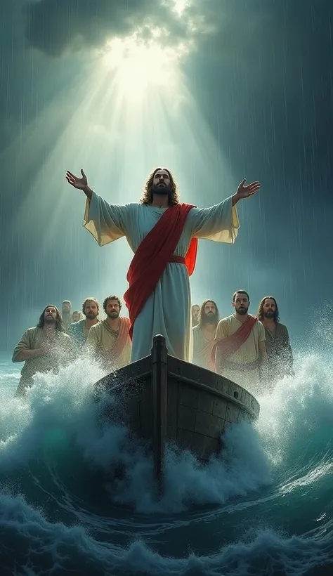 .
 A realistic depiction of Jesus standing on the bow of a wooden boat , accompanied by his disciples ,  amidst a furious storm ,  with powerful waves crashing around .  Jesus wears a white robe with a red stripe ,  illuminating pierced by a beam of light ...