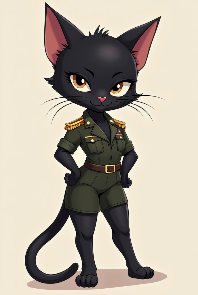 Generate cartoon of a black kitten , slender, sexy, military,  with slanted eyes tender big military eyelashesy... She must be very tender  