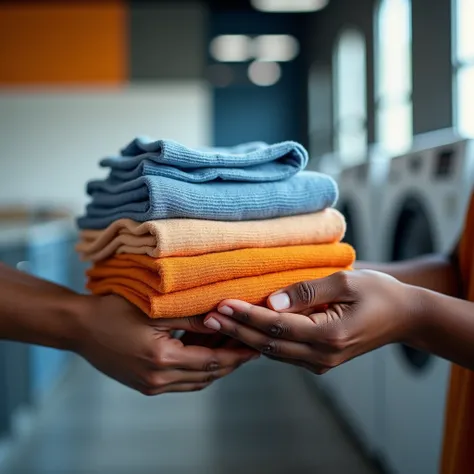 A close-up of two hands with rich, dark brown skin tones, one hand holding a neatly folded stack of clean laundry while the other extends forward as if handing it to someone. The background features a modern and clean setting with subtle hints of a laundry...