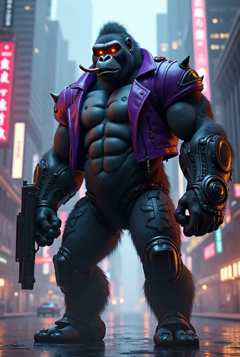 Cybernetic gorilla, smoking a cigar with a gun in hand, with a purple jacket on