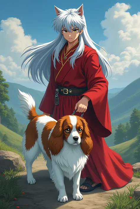 InuYasha character along with a white and brown Cavalier king Charles spaniel 