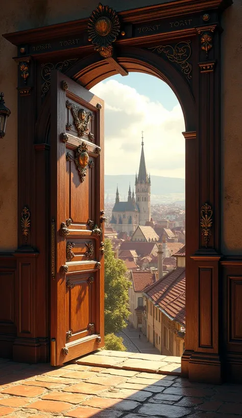  A well-ornamented medieval wooden door opening, revealing a sunny medieval city 