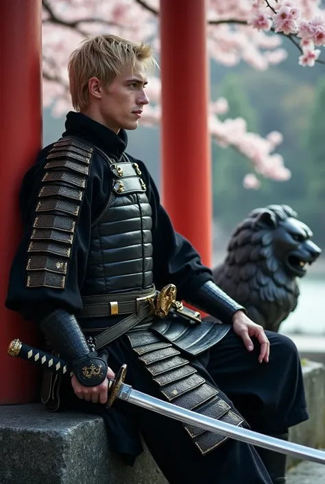  Bergaya photograph , And cold  , a white man  ,short wet blond hair ,  Blue Eyes.  Wearing full black samurai armor with gold ornaments ,  sitting on a black rock next to a statue of a Japanese lion, elegant and gallant gazing out at the horizon  ,  Holdi...