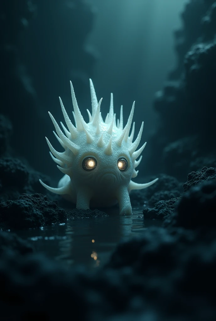  creature from the bottom of the oceans, small, with multiple eyes , and white scales 