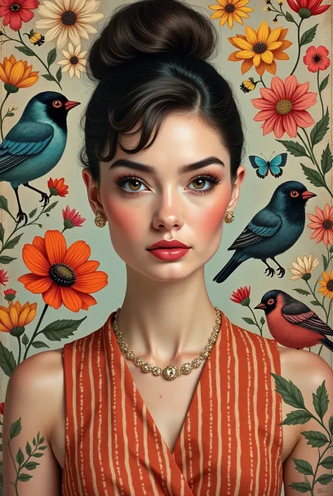 Kehinde Wiley, Sherald, Beardsley, Rousseau, Ukrainian folk art, Rivera, Kusama, William Morris: striped and polka-dotted birds and flowers mixed with ((Masterpiece)), Create a stunning picture, ((Beautiful lady Audrey Hepburn)), High resolution, Intricate...