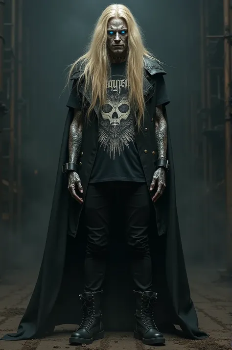 A man with long hair, blue eyes, blonde, metal appearance, and with a certain resemblance to Pelle Ohlin. 
Mayhem T-shirt, black skinny pants, Mayhem T-shirt, black skinny pants, black boots. 