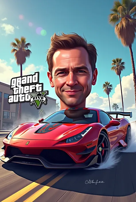 Add my head and the GTA V logo with a slightly more fun style and a sports car in the back 