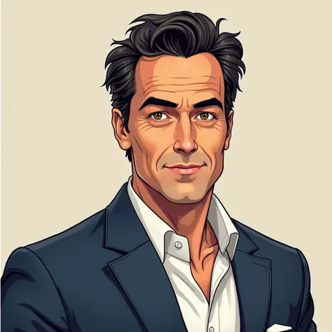 Create an image in a comic book style of a portrait of Rob Colloway, a distinguished man of 40 years with an aura of charm and confidence. He has hazel eyes that exude warmth and intelligence, framed by subtle crow’s feet that suggest a life rich in experi...