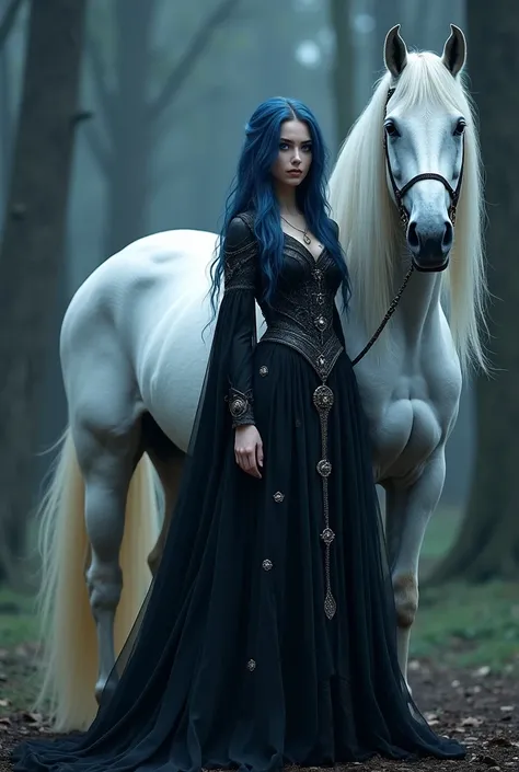 Beautiful black witch , with blue eyes and blue black hair .
 Accompanied by a large white Percheron stallion.