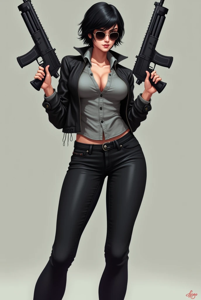  Girl Teen,  big breasts, fit,  sexy, Holds a pair of shotguns ,  short black hair, Black eyes, Sunglasses, แว่นBlack eyes, Gray shirt, Low Waist,  Black Jacket ,  black long leg jeans,  black leather shoes, High heels, Drag Weapon Box 