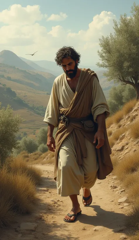 Create the scene of a man with short curly hair walking around depressed and crying. He is looking downcast.  The scene takes place in first-century Galilee