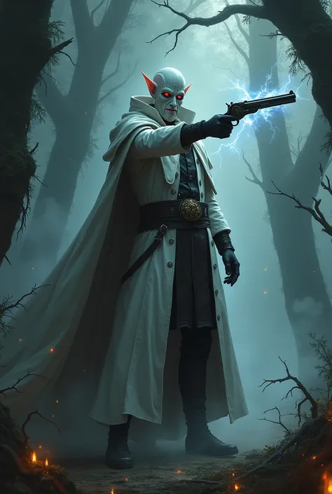 pale male elf, arcane gunslinger, cloak , flintlock, helsing theme, magic firearm, masked assassin, standing tall and pointing gun at viewer, casting magic, haunted forest theme, ghost hunter , white and black robes, the order 1886