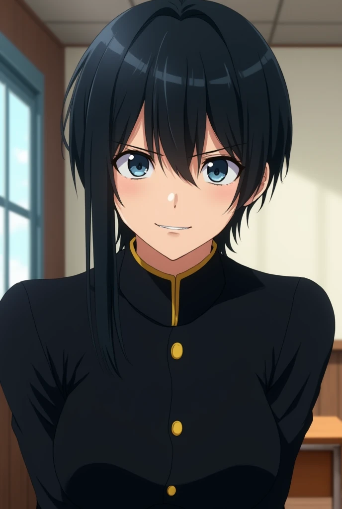 anime boy, 20 years old, black hair, very straight hair, bangs with a straight and even cut, eyes with heterochromia (right eye: dark blue, left eye: light blue) outgoing, arrogant, sadistic personality , mocking, sadistic, mocking and cruel look, looking ...