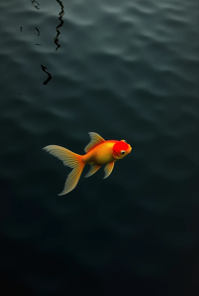 Painting of one small goldfish swimming in black water