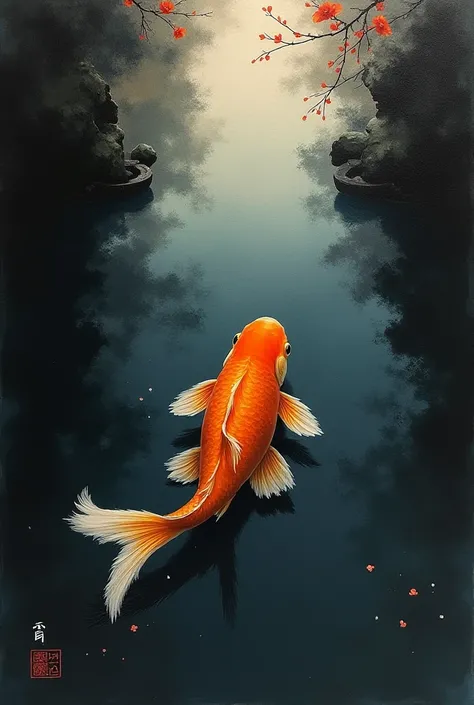 Chinese ink painting. Fiction cover. One goldfish swimming on the black surface of the water.