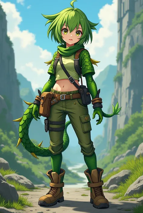 Short haired anime girl with a full body green feature dressed like an adventurer 