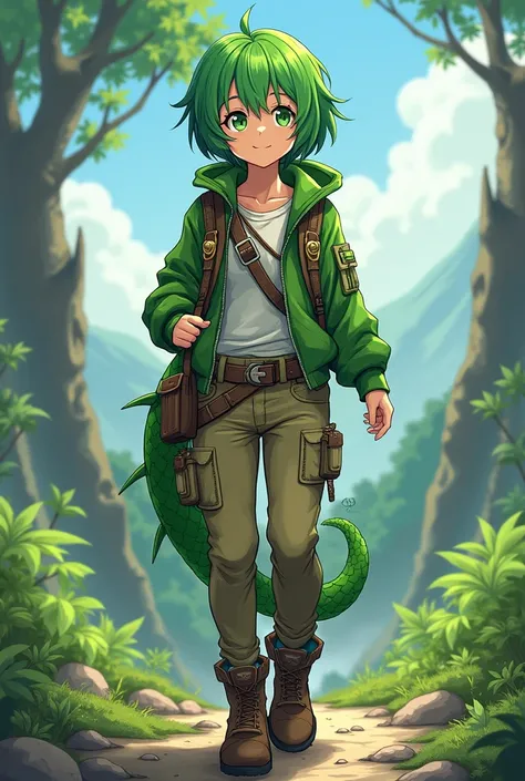 Short haired anime girl with a full body green feature dressed like an adventurer 