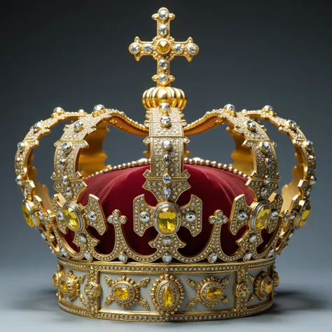  Crown on the head of Queen Arabella ,  was identified with the George IV Diadem .  This crown ,  was designed with exquisite and elaborate craftsmanship .  It had an openwork frame surrounded by silver and gold lines, and many transparent diamonds were pl...