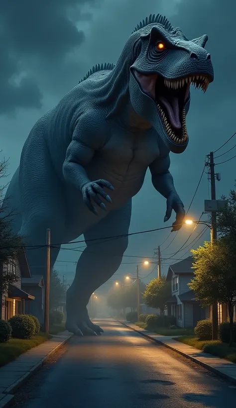 HDR 4k,Here is the image of a monstrous dinosaur walking across a suburban street late at night, as described.