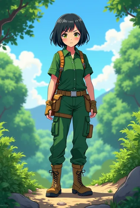 Anime girl short black hair a full body green wick dressed as an adventure 