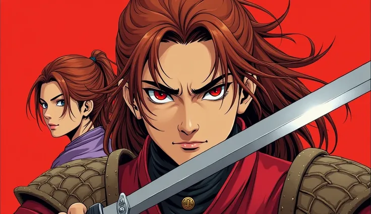 Create a dramatic manhwa cover illustration showcasing two figures poised for action.

Lead Figure: A young man with long, reddish-brown hair dominates the foreground. His stern expression, piercing red eyes, and strong jawline convey unwavering resolve. H...